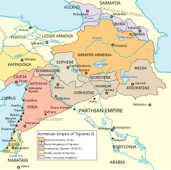 Armenia at its greatest extent under Tigranes the Great, 69 BC (including vassals)