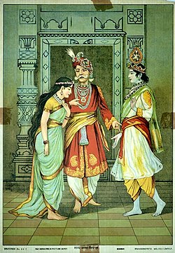 Ilustrasi pernikahan Satyabama dengan Kresna, karya Raja Ravi Varma.