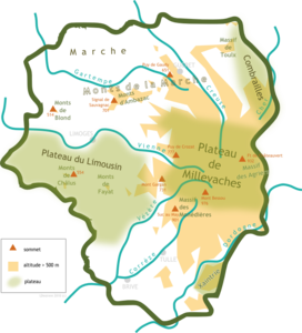 Lagekarte des Plateau du Limousin im nordwestlichen Zentralmassiv