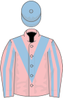 Pink, light blue chevron, striped sleeves, light blue cap