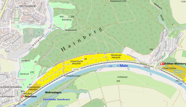 Höllental, Hainberg und Mainleite; hellgrün: Weinberge in historischer Zeit (am Osthang des Höllentals); gelb: Weinberge bis Mitte des 20. Jh.; ocker: heutige Weinberge. AT=Aussichtsturm, AK=Aussichtskanzel, Whs=Ausflugslokal (Wirtshaus)