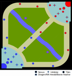 Imagen de el mapa de la Grieta del Invocador en la que se pueden distinguir las calles: top, mid y bot, y que son atravesadas por un río. En la esquina inferior derecha se puede ver la base del equipo azul y en el lado contrario la base del equipo rojo.