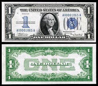 One-dollar silver certificate from the series of 1934, by the Bureau of Engraving and Printing