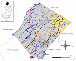 Map of Vernon Township in Sussex County. Inset: Location of Sussex County highlighted in the State of New Jersey.