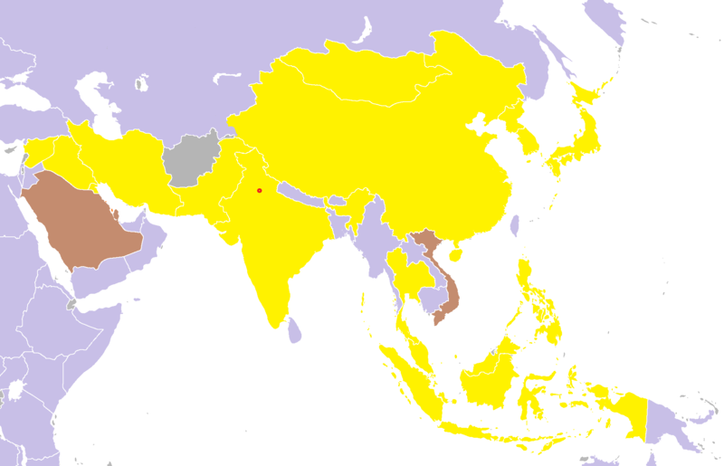 Map of Asia illustrating the countries/regions that have won medal(s) in the 1982 Asian Games