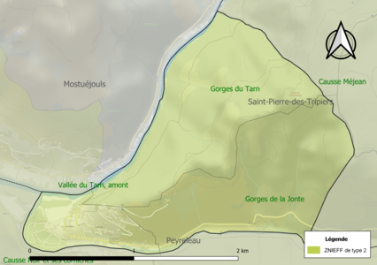 Carte des ZNIEFF de type 2 sur la commune.