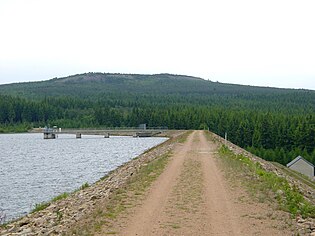 Staudamm des Speichers Altenberg, im Hintergrund der Kahleberg