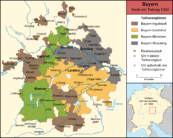Bavaria-Munich (green) with Bavaria-Landshut (orange), Bavaria-Ingolstadt (brown) and Bavaria-Straubing (grey).