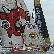 Deux bateaux sous voile. Celui du premier plan est rouge à pont blanc. Les voiles blanches sont floquées d'une gigantesque tête rouge de « Vache qui rit ».