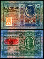 100 Korun (1919, using a 2 January 1912 note)