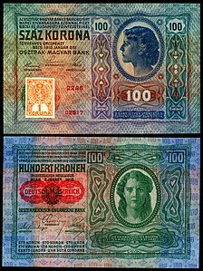 One-hundred Czechoslovak koruna at Banknotes of the Czechoslovak koruna (1919), by the Austro-Hungarian Bank and the First Czechoslovak Republic