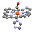 A heme unit of human carboxyhaemoglobin, showing the carbonyl ligand at the apical position, trans to the histidine residue.[1]