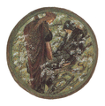 A woman in a brown cloak stares at a figure in a black cloak among greenery and flowers.