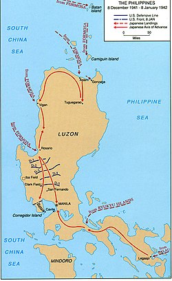 A map of Luzon Island showing Japanese landings and advances from 8 December 1941 to 8 January 1942