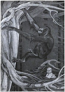 Black-and-white photograph of artwork possibly done with pastels, of a climbing orangutan up to a human infant/toddler in a nest
