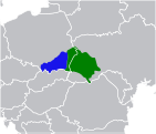 A map of Eastern Europe with the area of the former Austro-Hungarian province of Galicia highlighted in blue (West Galicia) and green (East Galicia).