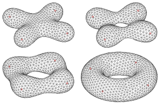 metamorphoses between two implicit surfaces (torus and a constant distance product surface)