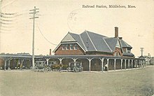 A postcard showing a Tudor-style railroad station