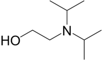 Prikazana je skeletna formula N,N-diizopropilaminoetanola sa nekim implicitnim vodonicima