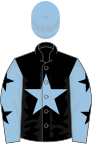 Black, light blue star, light blue sleeves, black stars, light blue cap