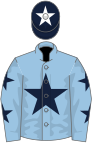 Light blue, dark blue star, dark blue stars on sleeves, dark blue cap, white star