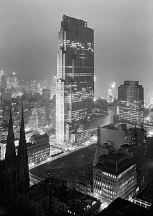 Black and white photo of the construction of Rockefeller Center in December 1933, with the RCA Building at center