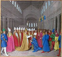 Miniature du couronnement de Charlemagne en tant qu'empereur par le pape.