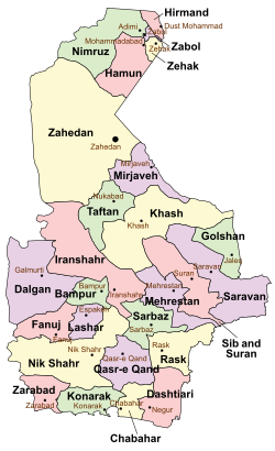 Location of Zehak County in Sistan and Baluchestan province (top right, yellow)