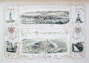 Lithographie avec plusieurs vues de La Chaux-de-Fonds en 1863 : emplacement du tir, village et environs, Saut-du-Doubs et Col-des-Roches