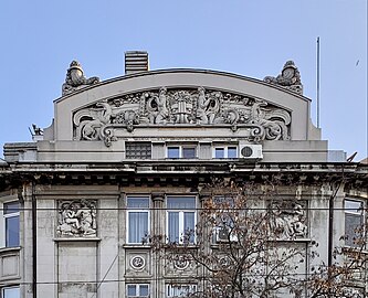 Allegorical representations – Pediment of the Mihai Zisman House (Calea Călărașilor no. 44) in Bucharest, by Soru (1920)