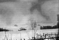 U.S. 6th Armored Division tanks moving near Wardin, Belgium, January 1945