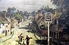 painting of village street early 19th century with houses on left and right public house on right in foreground