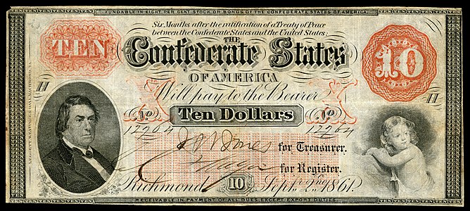 Ten Confederate States dollar (T24), by Leggett, Keatinge & Ball