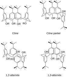 Formules topologiques des 4 conformations stables identifiées par David Gutsche chez certains calix[4]arènes.