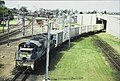 QR loco 2493 hauls a short container train across the Standard Gauge line to Sydney at Yeerongpilly station, 1987. Note the Standard Gauge loco shed in the background