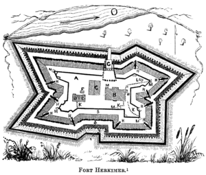 Fort Herkimer lay on the south side of the Mohawk River. It was a roughly rectangular construction with pointed bastions and indentations in walls. Inside were barracks and other structures.