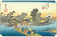 歌川広重『東海道五十三次』より川崎（1834年）。版画イラストによる観光名所案内。浮世絵はジャポニスムとして西洋イラストレーションにも影響（カテゴリ）