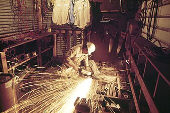 Machinery being repaired at a cedar mill near Leakey, Texas