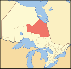 Location of Cochrane District in Ontario in Red.
