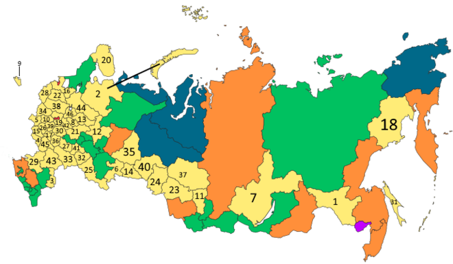 Map of Russia using internationally-recognized borders and showing oblasts in numbers