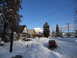 Deep snow in McCloud, with Mount Shasta in the background, December 2012