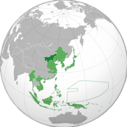 Mengjiang (dark green) along side the Greater East Asian Co-Prosperity Sphere (light green) at its furthest extent