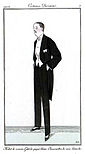 A cartoon of a white man with hands in his trouser pockets. He is wearing a black coat with long tails down the back but cut in a way that it stops at the waist in the front. Beneath the coat he is wearing a white shirt, low-cut white vest, and black trousers.