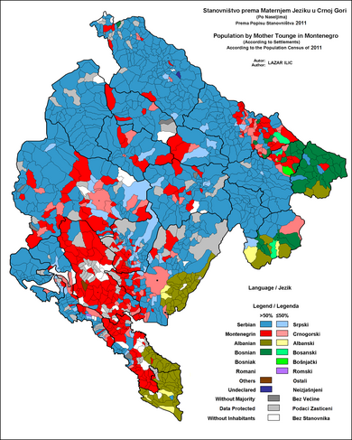 Estrutura linguística de Montenegro por assentamentos, em 2011