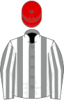 Grey and white stripes, red cap