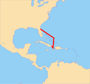 Approximate route of the tugboat Spense and barge Guantanamo Bay Express