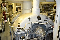 A steam turbine in the engine room