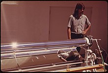 Photo of a prototype linear parabolic collector developed by the Meinels at the University of Arizona