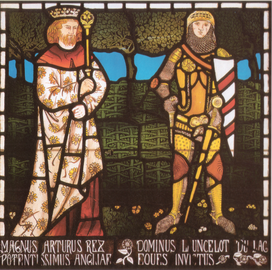 King Arthur and Sir Lancelot, from the Tristram and Isoude stained glass panels, designed by William Morris (1862)