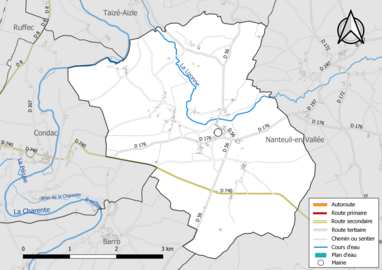 Carte en couleur présentant le réseau hydrographique de la commune